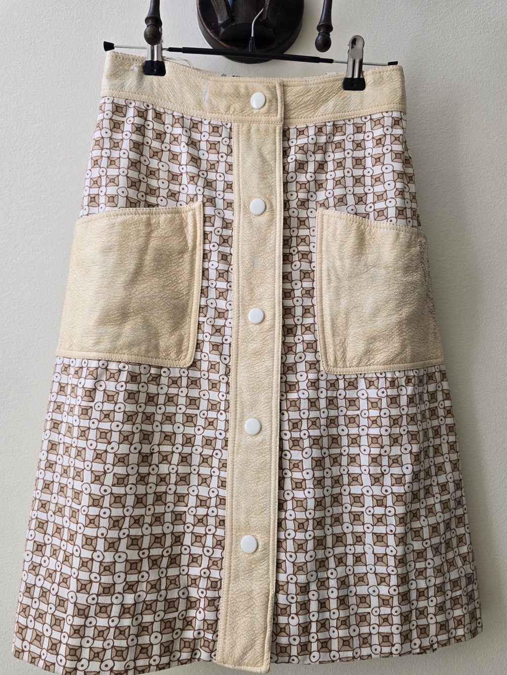 Dior Cream and Brown Geometric A-Line Skirt with Front Buttons